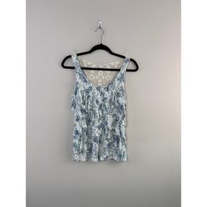 LC Lauren Conrad Tank Top Blue S Floral Ruffle Crochet Lace Back Boho